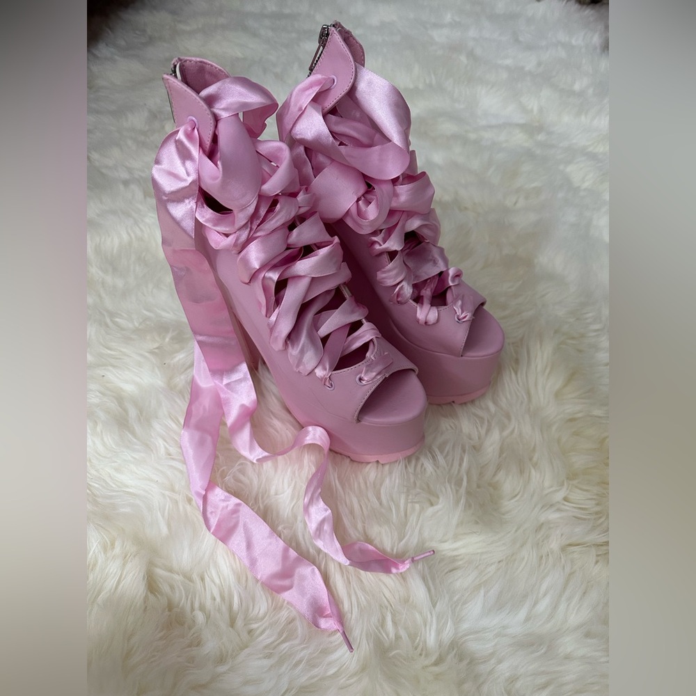 YRU Dolls Kill Pink Ballet Satin Lace-Up Platform Heels